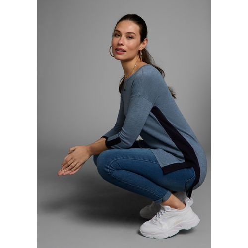 Longpullover LAURA SCOTT, Damen, Gr. 44/46, blau (mittelblau), Feinstrick, Obermaterial: 70% Viskose, 30% Polyamid, kontrastfarbene Details, unifarben mit Farbeinsatz, casual, bequem hüftbedeckend, U-Boot-Ausschnitt, Langarm, Pullover, in Kontrastfarben