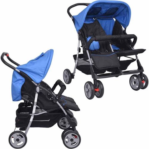 vidaXL Zwillingskinderwagen Stahl Blau und Schwarz