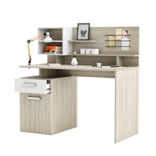 Schreibtisch MALICIA, 123x60x121,9 cm, weiß + Eiche, Mit Regalen, Schrank und Schublade
