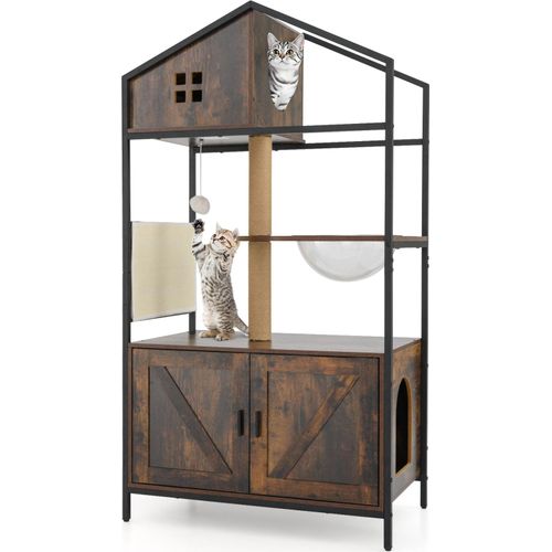 COSTWAY Kratzbaum Katzenschrank All-in-One Katzenmöbel für Katzentoilette mit Katzenklo Schrank, Jutepfosten, Raumkapsel & Kratzmatte 80x48x150cm