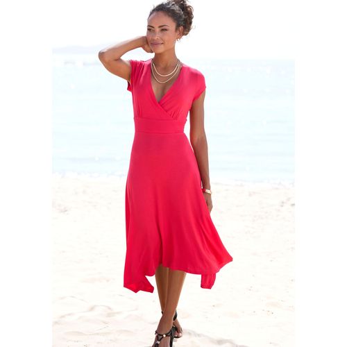Sommerkleid BEACHTIME, Damen, Gr. 34, N-Gr, rot, Jersey, Obermaterial: 95% Viskose, 5% Elasthan, unifarben, feminin, figurbetont ca. Mitte Wade, V-Ausschnitt, Kurzarm, Kleider, mit Zipfelsaum und Schleife, Jerseykleid, asymmetrisches Rockteil