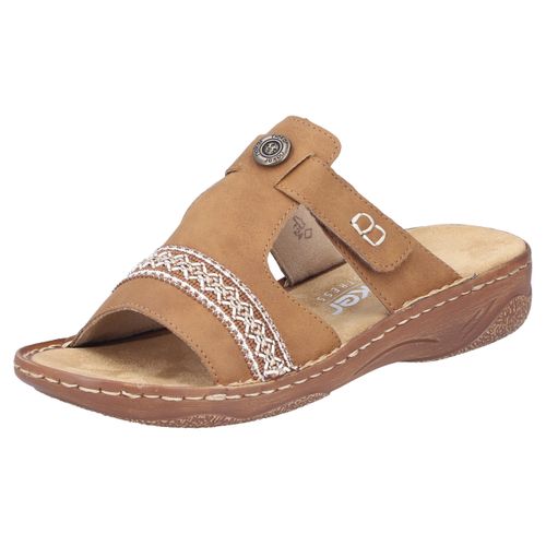 Pantolette RIEKER, Damen, Gr. 40, braun (hellbraun), Lederimitat, casual, Schuhe, Sommerschuh, Schlappen, Hausschuh, Urlaubschuh mit Klettverschluss