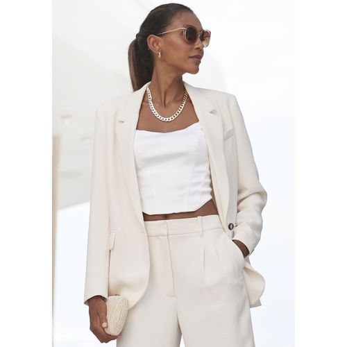 Longblazer LASCANA, Damen, Gr. 42, beige (creme), Web, Obermaterial: 100% Polyester. Futter: 53% Viskose, 47% Polyester, unifarben, modisch, hüftbedeckend, Langarm runde 3-Knopf-Manschette mit Knöpfen, Blazer, mit Reverskragen und Schlitz hinten, Damenblazer, elegant-chic