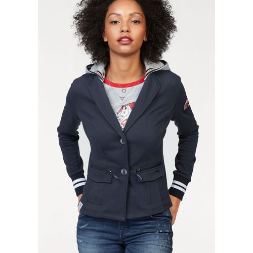 Sweatblazer KANGAROOS, Damen, Gr. 38, blau (marine, hellgrau, meliert), Sweatware, Obermaterial: 65% Polyester, 35% Baumwolle. Einsatz: 63% Polyester, 33% Baumwolle, 4% Elasthan. Kapuze: 50% Baumwolle, 50% Polyester, kontrastfarbene Details, unifarben, figurbetont hüftlang, Rippstrickbündchen, Blazer, mit vielen Details und abnehmbarer Kapuze
