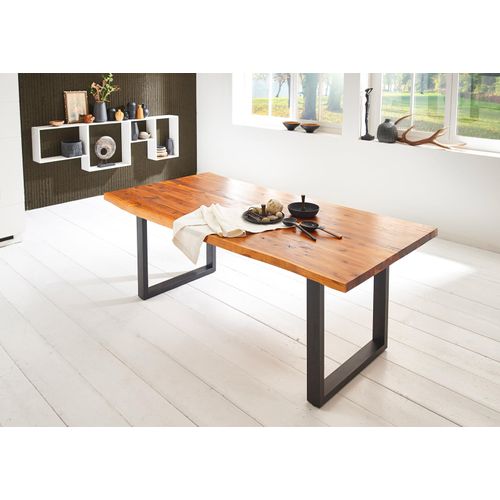 Refurbished Möbelretoure Esstisch Baumkante Massiv Akazie cognac 180 x 90 schwarz IMKER