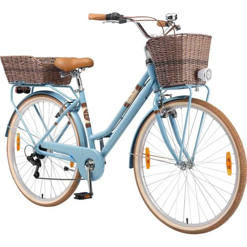 BIKESTAR City Stadt Fahrrad 28 Zoll | 18 Zoll Rahmen, 7 Gang Shimano Damen Holland Rad Retro Bike, V-Bremse, Gepäckträger | Blau