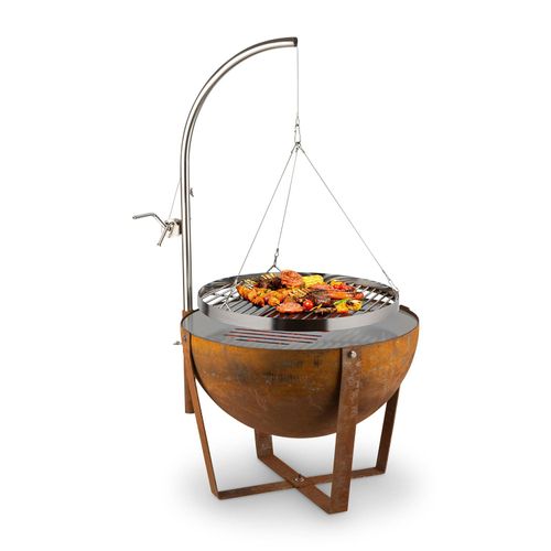 blumfeldt Fire Globe Feuerschale mit Grill, Grillring: Ø 59cm, Feuerschale: Ø 60cm, Grillrost: Ø 59cm, Maße: 60 x 120cm (ØxH), Used-Look: künstliche Rost-Optik, stufenlos höhenverstellbar, braun