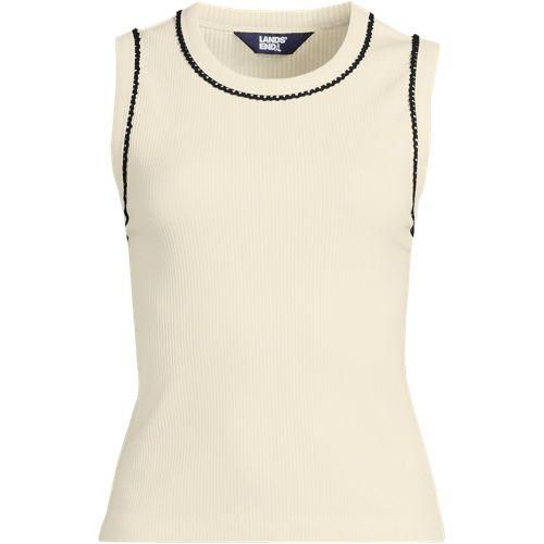 Geripptes, ärmelloses Top mit Kontrast-Besatz, Damen,  Weiß, Baumwolle/Baumwoll-Mischung, by Lands' End