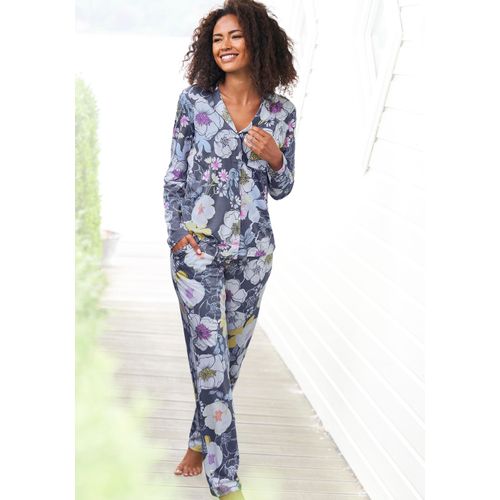 Pyjama VIVANCE DREAMS, Damen, Gr. 36/38, bunt (bunt geblümt), Single Jersey, Obermaterial: 50% Baumwolle, 50% Viskose, geblümt, Basic, bequem lang, V-Ausschnitt, Langarm eingesetzt, Homewear-Sets, in schönem Muster