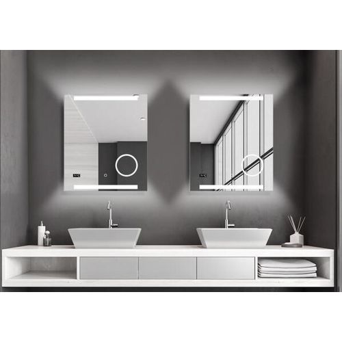 Badspiegel mit Beleuchtung Talos King 60 x 70 cm Wandspiegel - Beleuchteter Kosmetikspiegel - eingebaute Digitaluhr - hochwertiger Aluminiumrahmen mit Touchschalter - Lichtspiegel mit Lichtfarbe Neutralweiß - Badezimmerspiegel mit hinterleuchteten Lichtausschnitten
