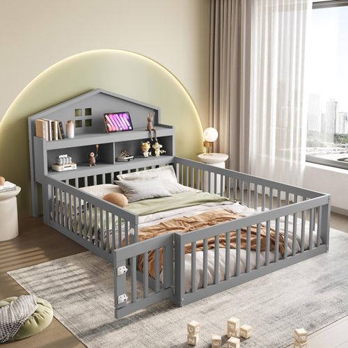 okwish Kinderbett 140 x 200 mit Matratze,Holzbett mit Einlegeböden und Stauraum,Jugendbett mit Schutzgitter und Lattenrost, Grau