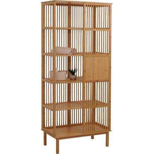 Bambus Standregal MCW-N81, Badezimmerschrank Badschrank Badregal Kommode, 5 Regalböden Schiebetür MVG 186x80x45cm