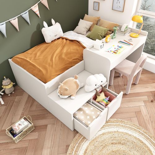 Flieks Kinderbett Hochbett 90x200cm mit Schreibtisch, Etagenbett mit 2 Schubladen, Holzbett Einzelbett mit Lattenrost, Stauraumbett Weiß