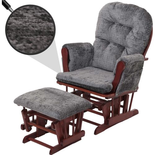 Relaxsessel HWC-C76, Schaukelstuhl Schwingstuhl mit Hocker Stoff Chenille (465g/m²) dunkelgrau, Gestell dunkel