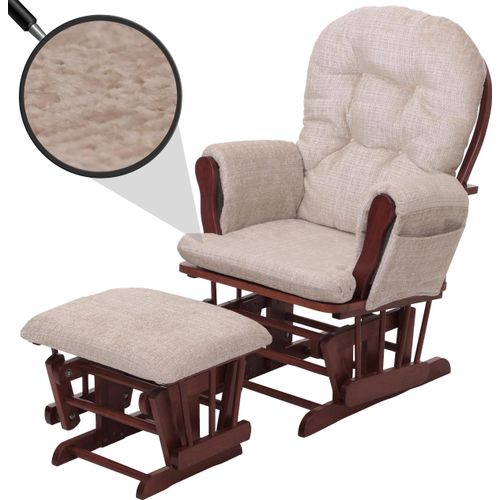 Relaxsessel HWC-C76, Schaukelstuhl Schwingstuhl mit Hocker Stoff Chenille (465g/m²) creme, Gestell dunkel