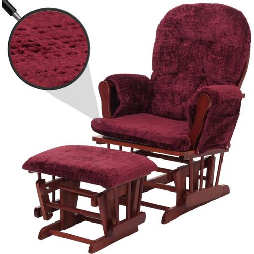 Relaxsessel HWC-C76, Schaukelstuhl Schwingstuhl mit Hocker Stoff Chenille (465g/m²) bordeaux, Gestell dunkel