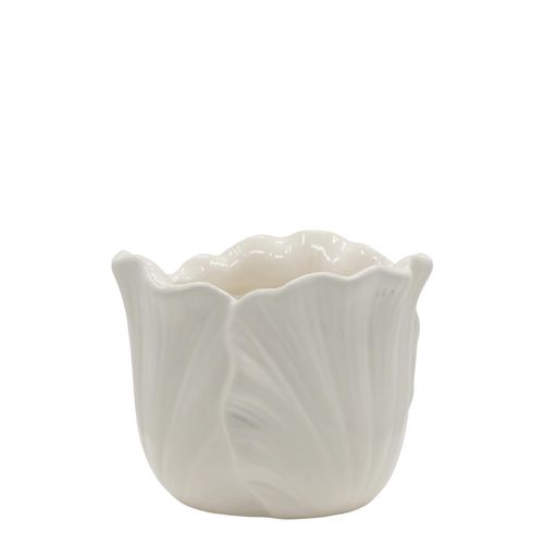 Chic Antique Fayence Blumentopf mit Blätter, H11/Ø 14 cm creme