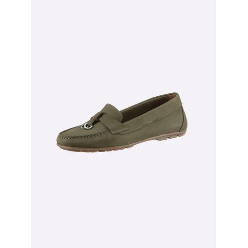 Mokassin HEINE, Damen, Gr. 41, grün (khaki), Leder, Rindsleder, Nubukleder, modisch, Schuhe