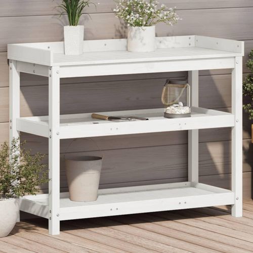 Pflanztisch Mit Ablagen Massivholz Kiefer | Farbe: Weiß | Größe: 108 x 45 x 86,5 cm
