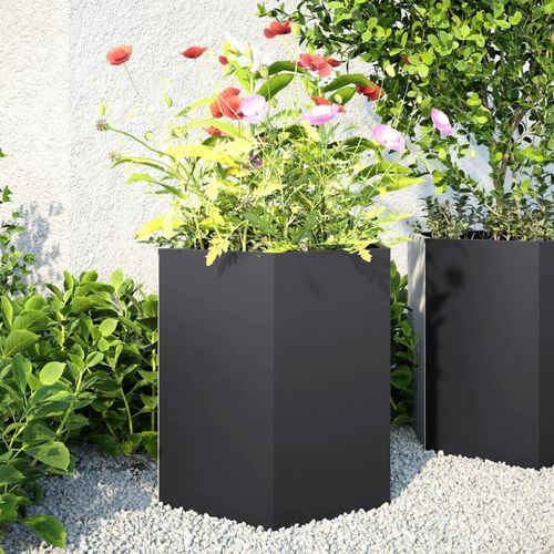 Garten-Pflanzgefäße 2 Stk.olivgrün Sechseckig Stahl | Anzahl im Paket: 1 | Farbe: Stahl/Schwarz | Größe: 46 x 40 x 45 cm