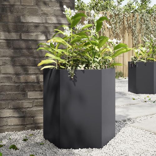 Garten-Pflanzgefäße 2 Stk.olivgrün Sechseckig Stahl | Anzahl im Paket: 2 | Farbe: Stahl/Schwarz | Größe: 46 x 40 x 45 cm