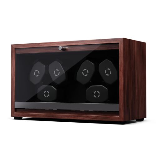 Brienz 6 Uhrenbeweger, 6 Uhren, 4 Modi, Holz-Optik, blaue Innenbeleuchtung Walnuss