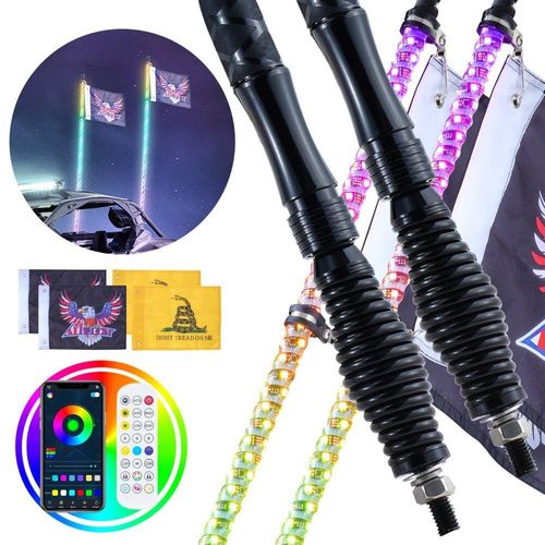 2 Stk. LED-Peitschenlicht mit App & Fernbedienung, Wasserdichte 360°-Spiral-RGB-Verfolgungslichtpeitsche mit 2 Flaggen, 1219,2 mm - LED Peitsche Licht für UTVs, ATVs, RZR