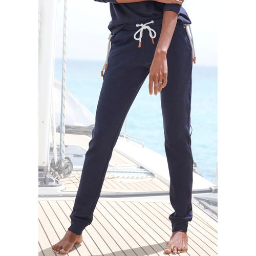 Sweathose H.I.S, Damen, Gr. 40/42, N-Gr, blau (marine), Sweatware, Obermaterial: 60% Baumwolle, 40% Polyester, unifarben, casual, bequem lang, Hosen, aus weicher Sweatware und mit Ankerstickerei, Loungewear
