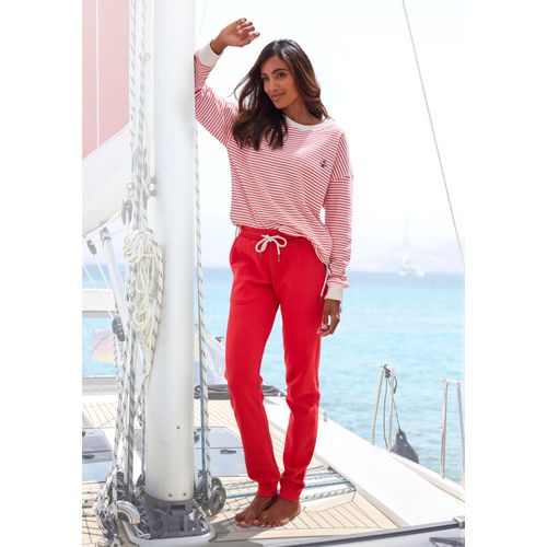 Sweathose H.I.S, Damen, Gr. 48/50, N-Gr, rot, Sweatware, Obermaterial: 60% Baumwolle, 40% Polyester, unifarben, bequem lang, Hosen, aus weicher Sweatware und mit Ankerstickerei, Loungewear