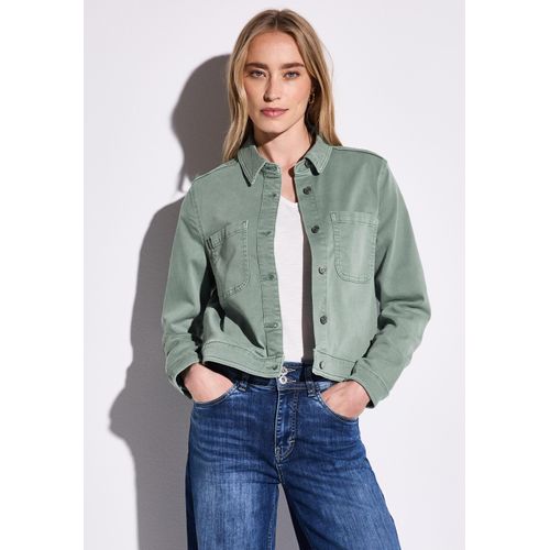 Jeansjacke STREET ONE, Damen, Gr. 46, olive washed, Jeans, 55% Baumwolle, 21% Polyester, 14% Lyocell, 9% Viskose, 1% Elasthan, unifarben, casual, normal normal, V-Ausschnitt, Langarm Manschette, Jacken, mit Knopfleiste