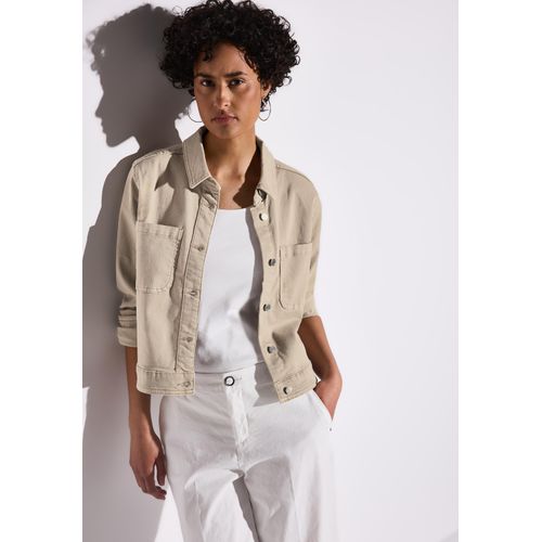 Jeansjacke STREET ONE, Damen, Gr. 42, beige washed, Jeans, 55% Baumwolle, 21% Polyester, 14% Lyocell, 9% Viskose, 1% Elasthan, unifarben, casual, normal normal, V-Ausschnitt, Langarm Manschette, Jacken, mit Knopfleiste