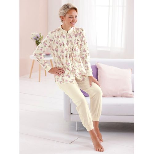 Schlafanzug WÄSCHEPUR, Damen, Gr. 44/46, beige (champagner, bedruckt), 100% Baumwolle, Langarm, Homewear-Sets