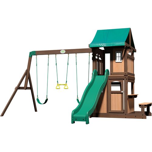 Backyard Discovery Lakewood Spielturm aus Holz | XXL Spielhaus für Kinder mit Rutsche, Schaukel, Trapez & Picknicktisch | Stelzenhaus für den Garten