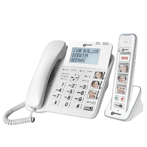 Geemarc, Festnetztelefon Senioren mit Mobilteil, Fototasten und Anrufbean, Weiß