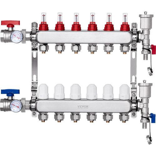 VEVOR 6-Zweig-Wärmeverteilungsverteiler, 1/2-Zoll-PEX-Rohrverteiler, Edelstahl-PEX-Verteiler für hydronische Fußbodenheizung, Wärmeverteilungs-PEX-Verteilersatz im Lieferumfang enthalten
