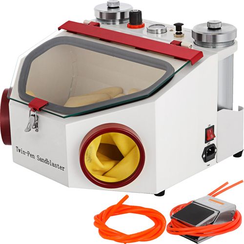 SucceBuy Dental-Sandstrahler, 2 Stifte + 2 Tanks, Labor-Sandstrahlmaschine mit LED-Licht, großem Sichtfenster, Fußpedalsteuerung