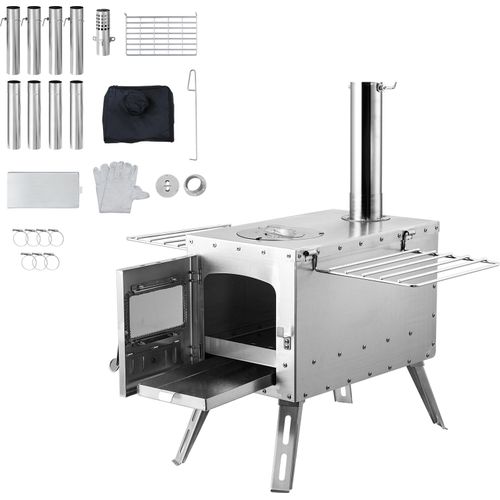 SucceBuy Holzofen, tragbarer Edelstahl-Zeltofen mit 86 Zoll, Kaminrohren und Handschuhen, 1646 Zoll³ Feuerraum für Kochen und Heizen im Freien, mit 8 Rohren