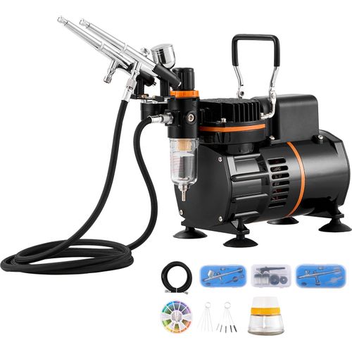 SucceBuy Airbrush-Set, Doppellüfter-Kompressor mit 3 Airbrushes und Zubehör für Kunst