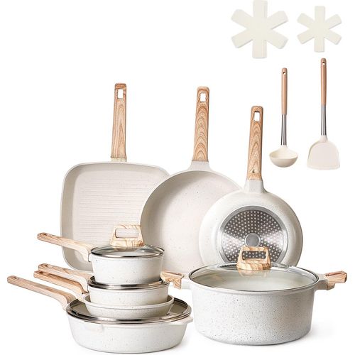VEVOR Induktion Töpfe Pfannen Set (19-teilig) mit Glasdeckel, antihaftbeschichtetes Kochgeschirr, Induktionskochtöpfe für die Küche im Wohnmobil zum Braten, Würzen von Soßen und Kochen (Weiß)