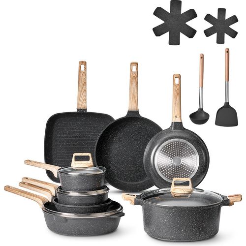 VEVOR Induktion Töpfe Pfannen Set (19-teilig) mit Glasdeckel, antihaftbeschichtetes Kochgeschirr, Induktionskochtöpfe für die Küche im Wohnmobil zum Braten, Würzen von Soßen und Kochen (Schwarz)