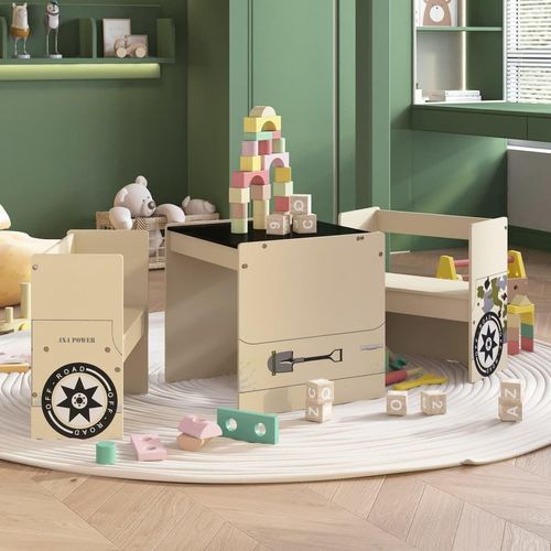 Prolenta Premium - 3-tlg. Kindertisch und Stuhl Set Geländewagen-Design MDF