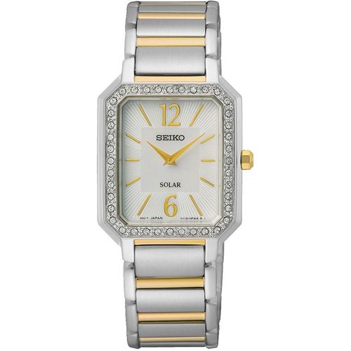 Solaruhr SEIKO, silber (silberfarben, goldfarben), Armbanduhren, Damen, Armbanduhr, Damenuhr, Perlmutt-Zifferblatt, Kristallsteine, Edelstahl