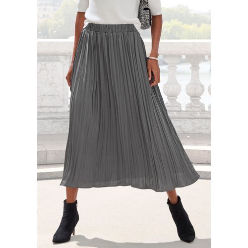 Maxirock LASCANA, Damen, Gr. 40, grau (anthrazit), Web, Obermaterial: 100% Polyester, unifarben, modisch, figurumspielend knöchellang, Röcke, mit Plisseefalten, edel glänzende Ware