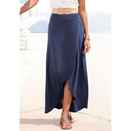 Maxirock LASCANA, Damen, Gr. 42, blau (marine), Jersey, Obermaterial: 100% Viskose, unifarben, casual, figurumspielend bodenlang, Röcke, mit elastischem Bund aus Viskosejersey, Wickeloptik mit Schlitz
