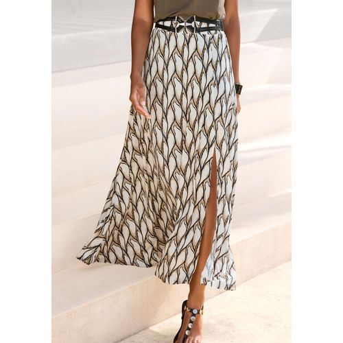 Maxirock LASCANA, Damen, Gr. 42, beige (creme, khaki bedruckt), Jersey, Obermaterial: 100% Viskose, bedruckt, modisch, figurumspielend knöchellang, Röcke, mit Schlitz, Sommerrock, Alloverprint, Topseller