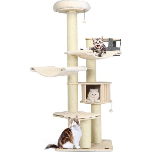 COSTWAY 7-stöckiger Kratzbaum Holz, 197 cm, Katzenbaum mit Hängematte & Katzenhöhle & Hängekorb & Bällen, Katzenkratzbaum Groß, Katzen Katzenmöbel, Kletterbaum Aktivitätsbaum Spielbaum, Beige