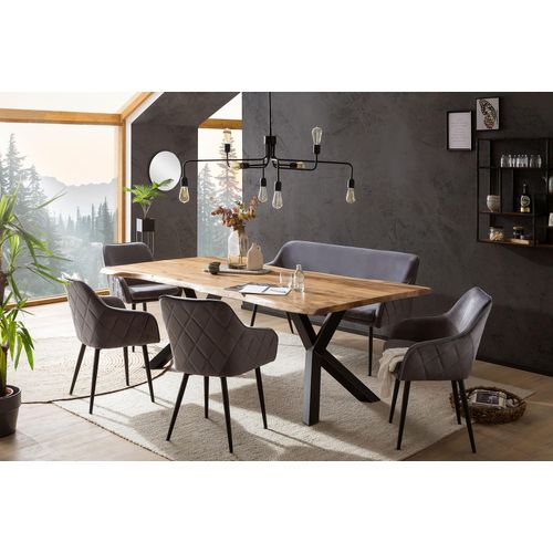 Eckbankgruppe SALESFEVER, grau (grau, natur, schwarz, schwarz), B:200cm H:76,5cm T:100cm, Massivholz, Polyester, Metall, Sitzmöbel-Sets, Rückenfläche mit aufwändiger Rautensteppung