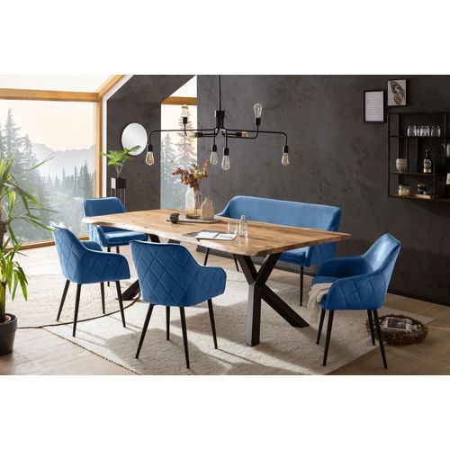Eckbankgruppe SALESFEVER, blau (blau, natur, schwarz, schwarz), B:200cm H:76,5cm T:100cm, Massivholz, Polyester, Metall, Sitzmöbel-Sets, Rückenfläche mit aufwändiger Rautensteppung