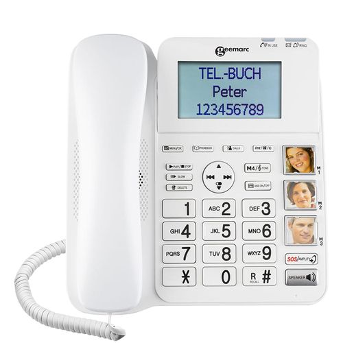 Geemarc, Festnetztelefon mit Verstärker, Fototasten und SOS-Taste, Weiß
