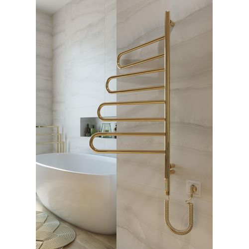 ELNA Elektrischer Badheizkörper Handtuchheizkörper 1000 x 460 mm 180° Handtuchtrockner mit Gold Klapparmen 4 Schwenkarme Edelstahl IP44
